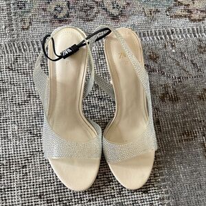 Zara Shimmering Silver Open-Toe Heels